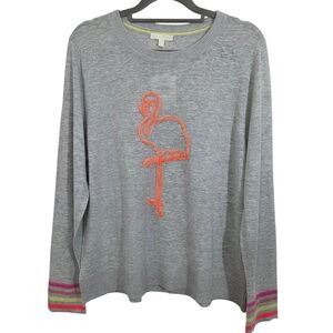 NWT Lisa Todd Chenille Flamingo Sweater Top Grey Size Large Petite Preppy Linen
